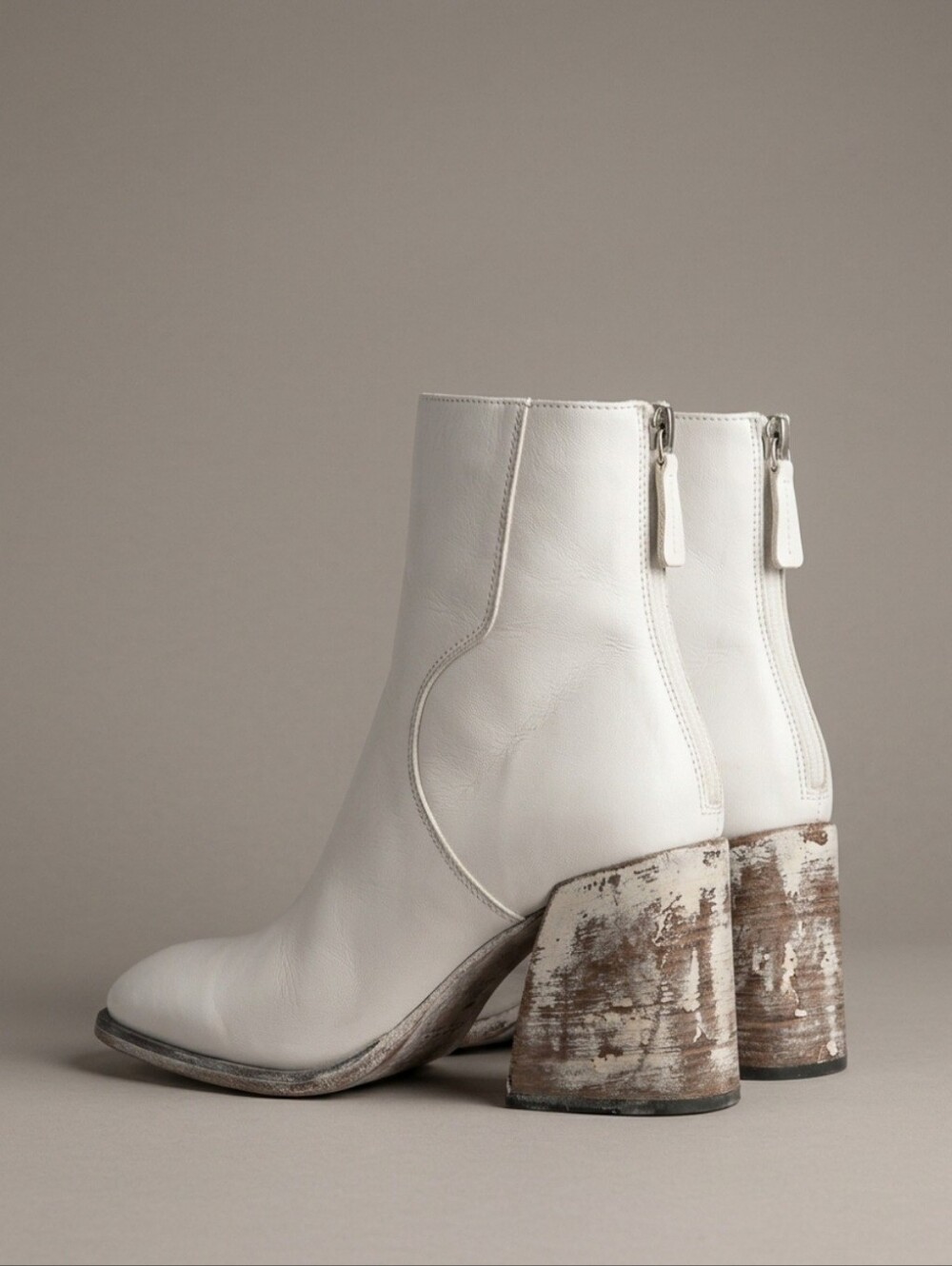 Designer Premium Top Quality Genuine Leather Block Heel  White Ankle Boots